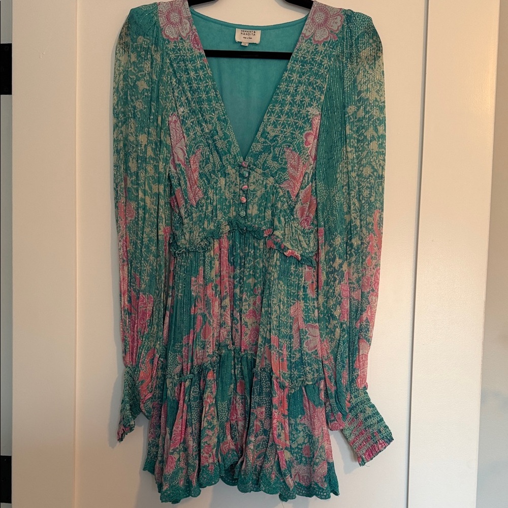 HEMANT & NANDITA Teal and Pink Floral Mini Dress